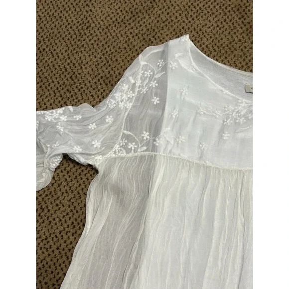 SALE! Via Signoria Italy Womens Silk Shirt White Med Embroidered Lined Boho Top - Picture 3 of 5